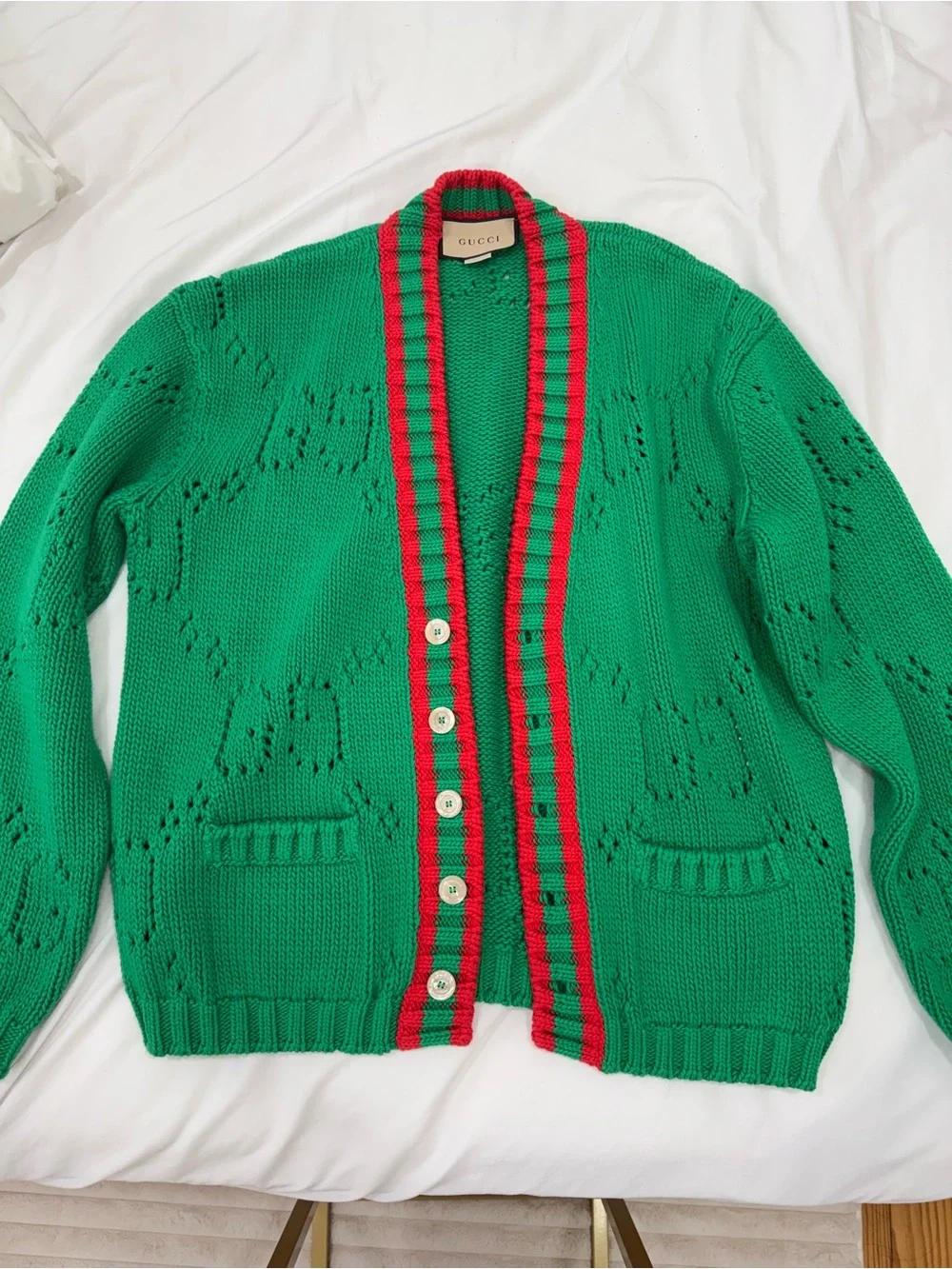 Gucci Green & Red Cotton Knit Cardigan Size L Made in Italy